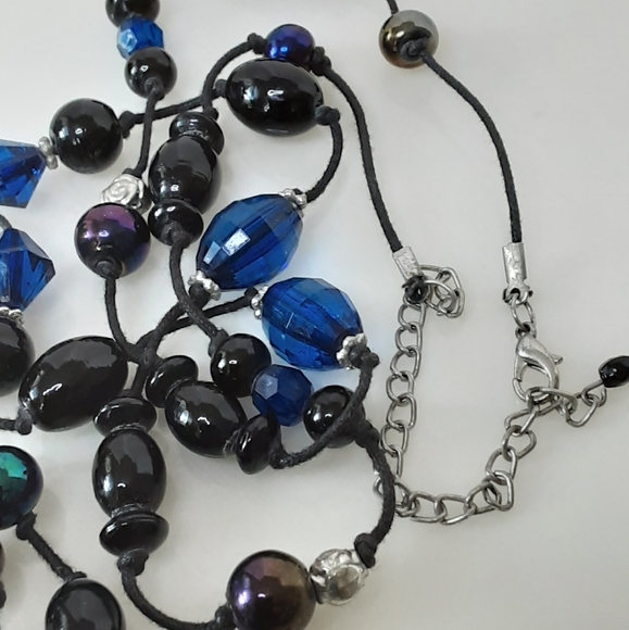 ART DECO 925 Silver Black Faux Onyx | Blue Faceted Glass Beaded Tassel Necklace - Picture 4 of 5